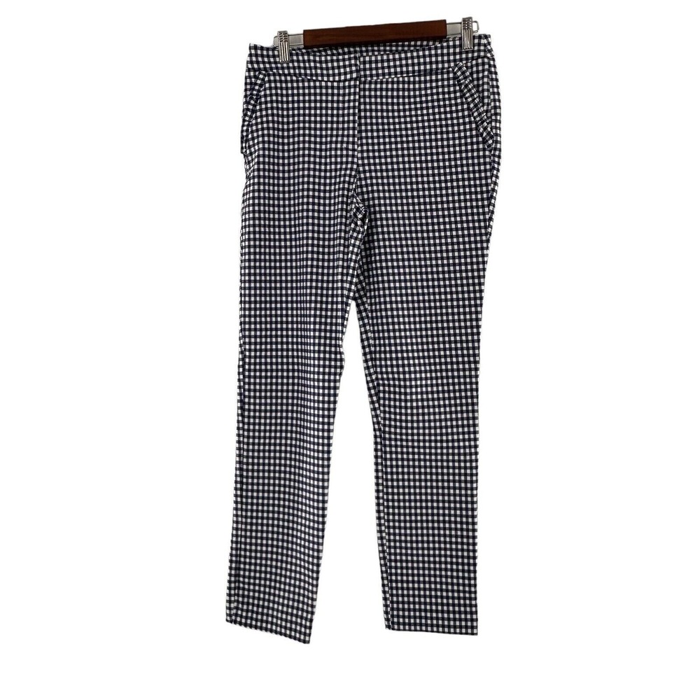 Cynthia Rowley Womens Gingham Check Stretch Pants 6 Blue &‎ White Ruffle Plaid